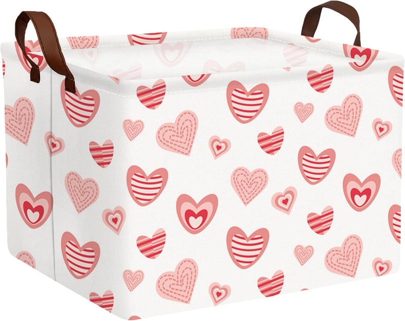 BOOHIT Valentines Day Basket Large Foldable Heart Shaped Storage Box for Gifts Kids Empty Storage Bins Rectangular Toy Organizer Decor (Pink Fingerprint Love) - Image 1